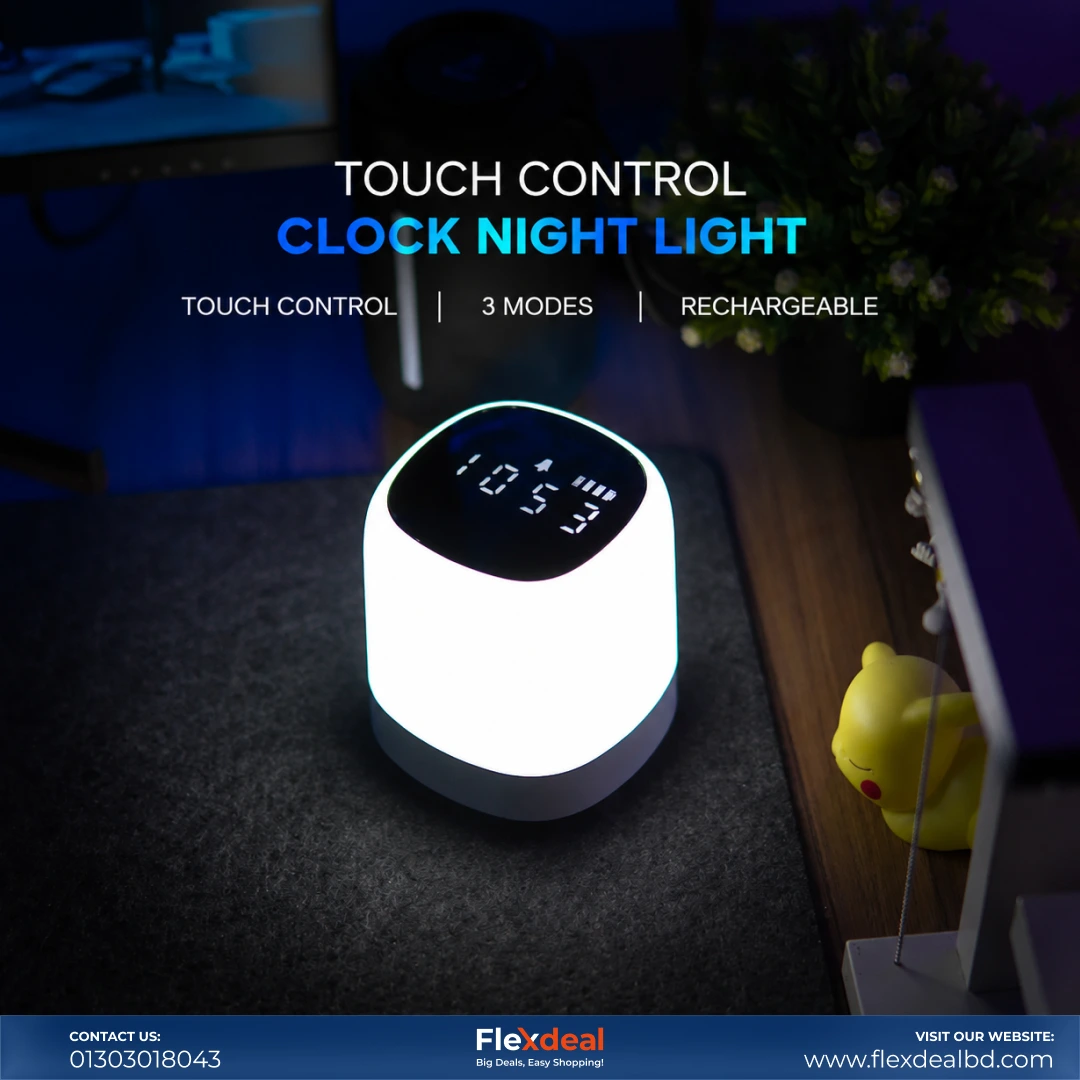 Touch Control LED Night Light with Digital Clock – Rechargeable Bedside Lamp