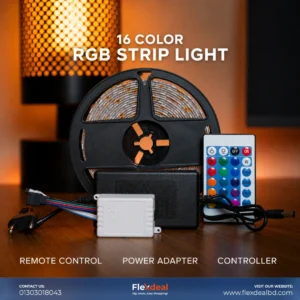 16 Color RGB LED Strip Light 5M (16ft) – 24 Key IR Remote with Power Adapter