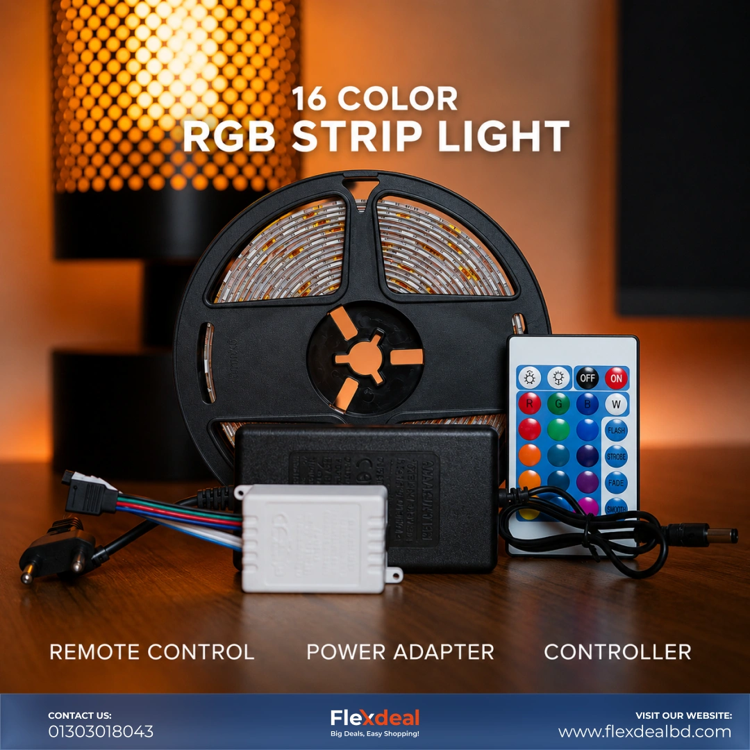 16 Color RGB LED Strip Light 5M (16ft) – 24 Key IR Remote with Power Adapter