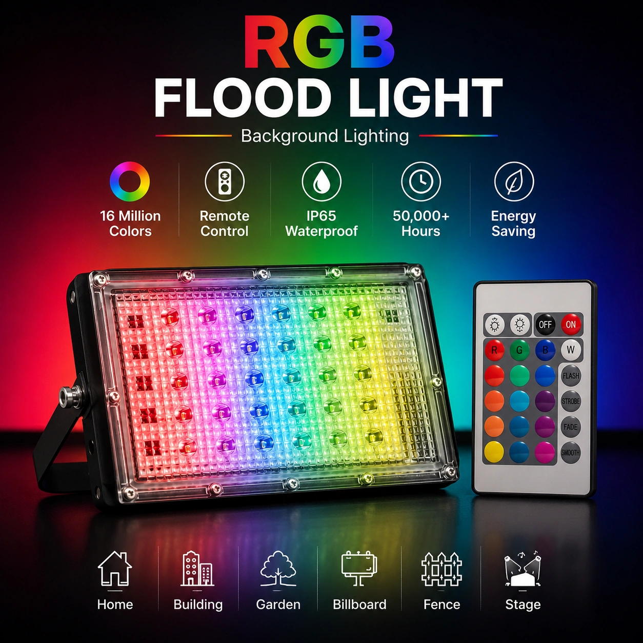 RGB Flood Light Bangladesh | Remote Control Color Changing Waterproof LED Flood Light