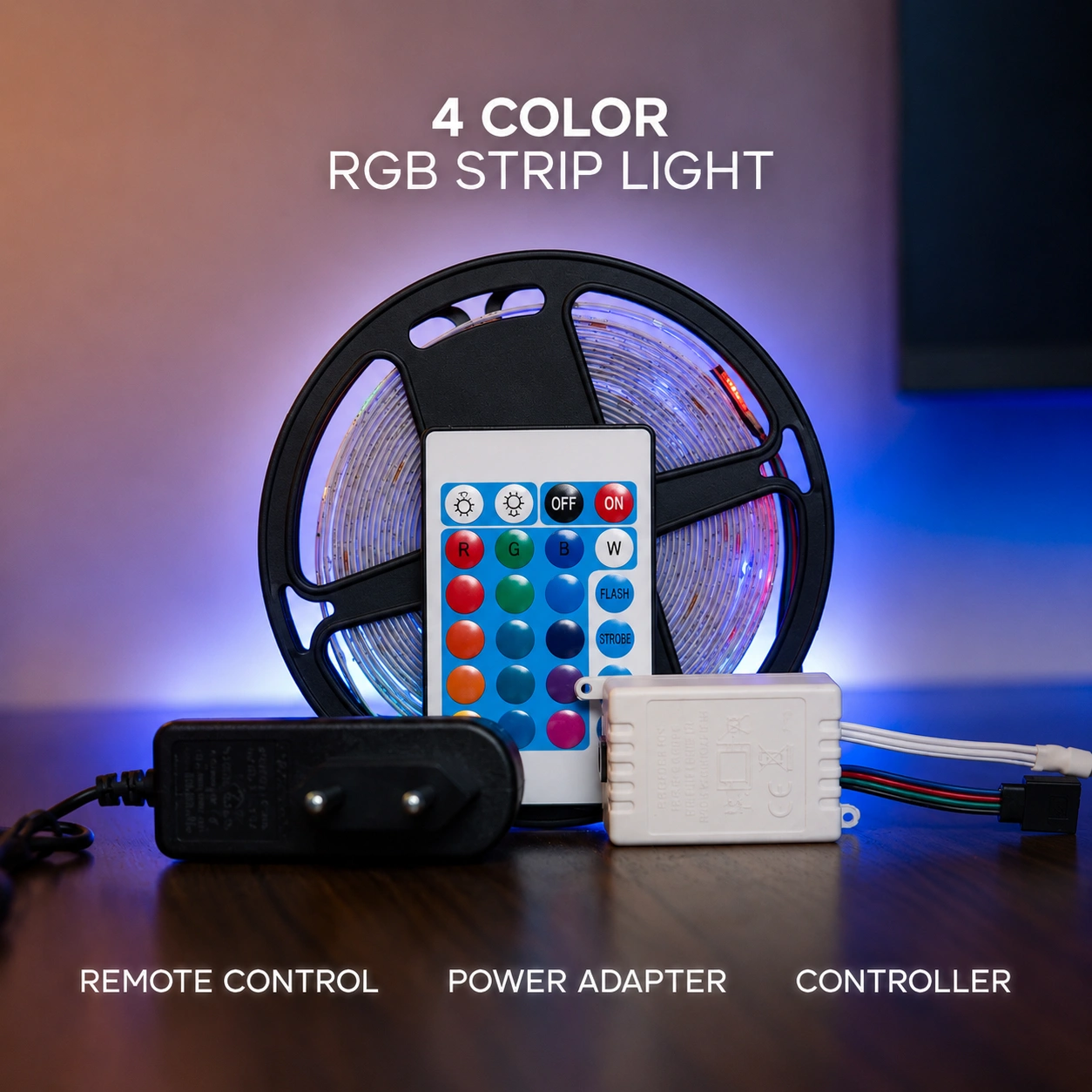 4 Color RGB LED Strip Light 5M (16ft) – 24 Key Remote Control with Power Adapter