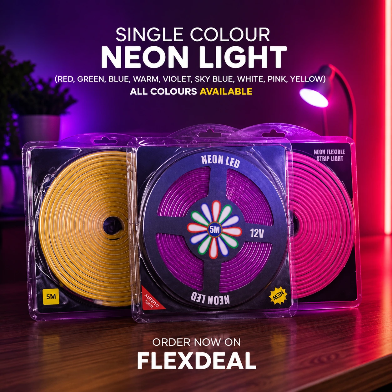 Single Color LED Neon Strip Light – Flexible Waterproof Neon Flex Light (5M)